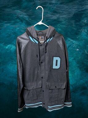 Men's Dravus Black & Teal Lettermen's Hooded Jacket